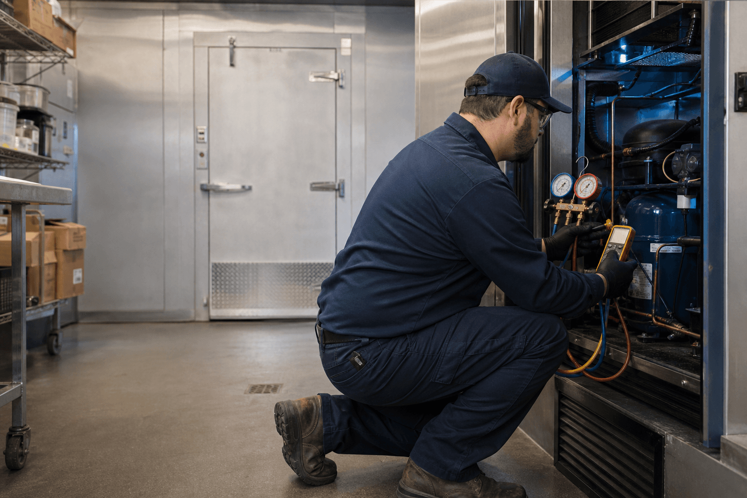 Technician diagnosing commercial refrigeration equipment