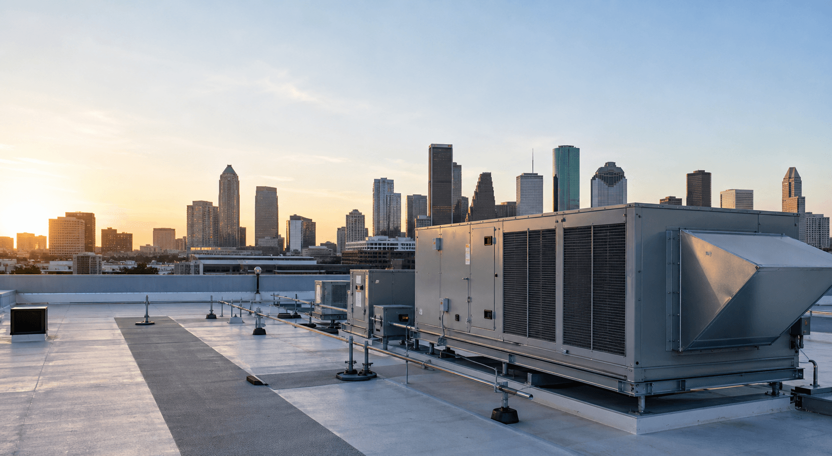 Commercial rooftop HVAC equipment overlooking the Houston skyline